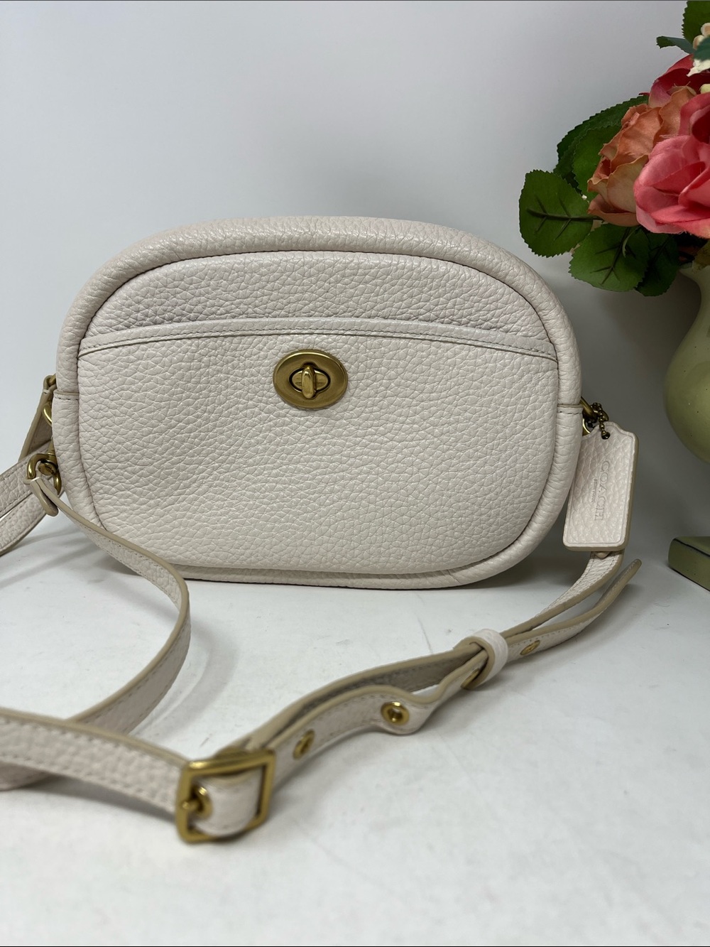 COACH CAMERA BAG PEBBLED LEATHER IN CHALK COLOR BRASS TURN LOCK CROSSBODY - Picture 2 of 16